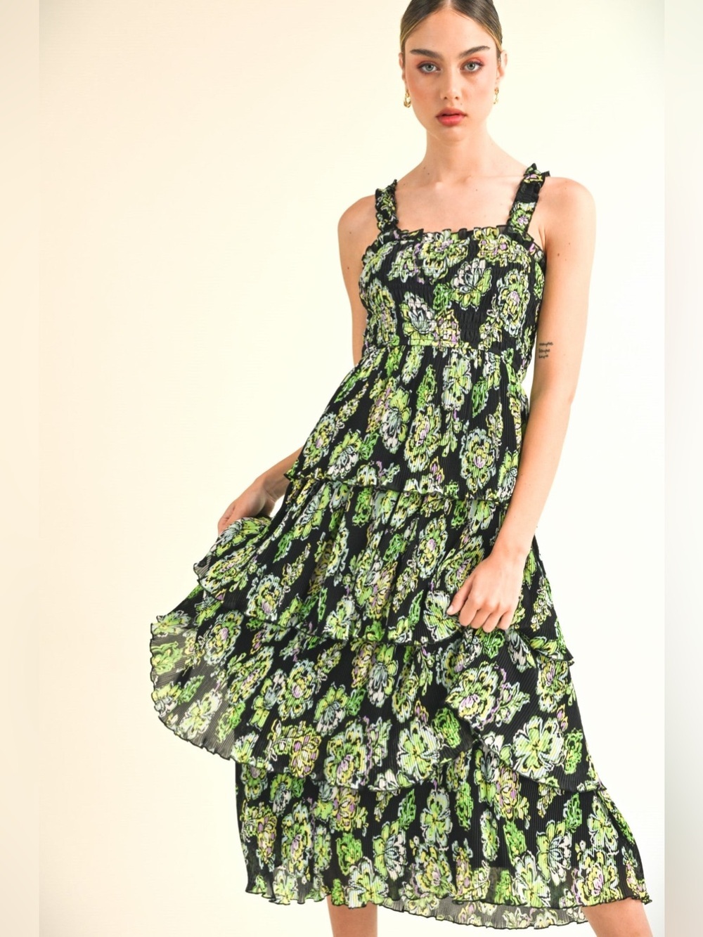 Reset by Jane- Sabine Smocked Tiered Maxi Dress in Black and Lime Green